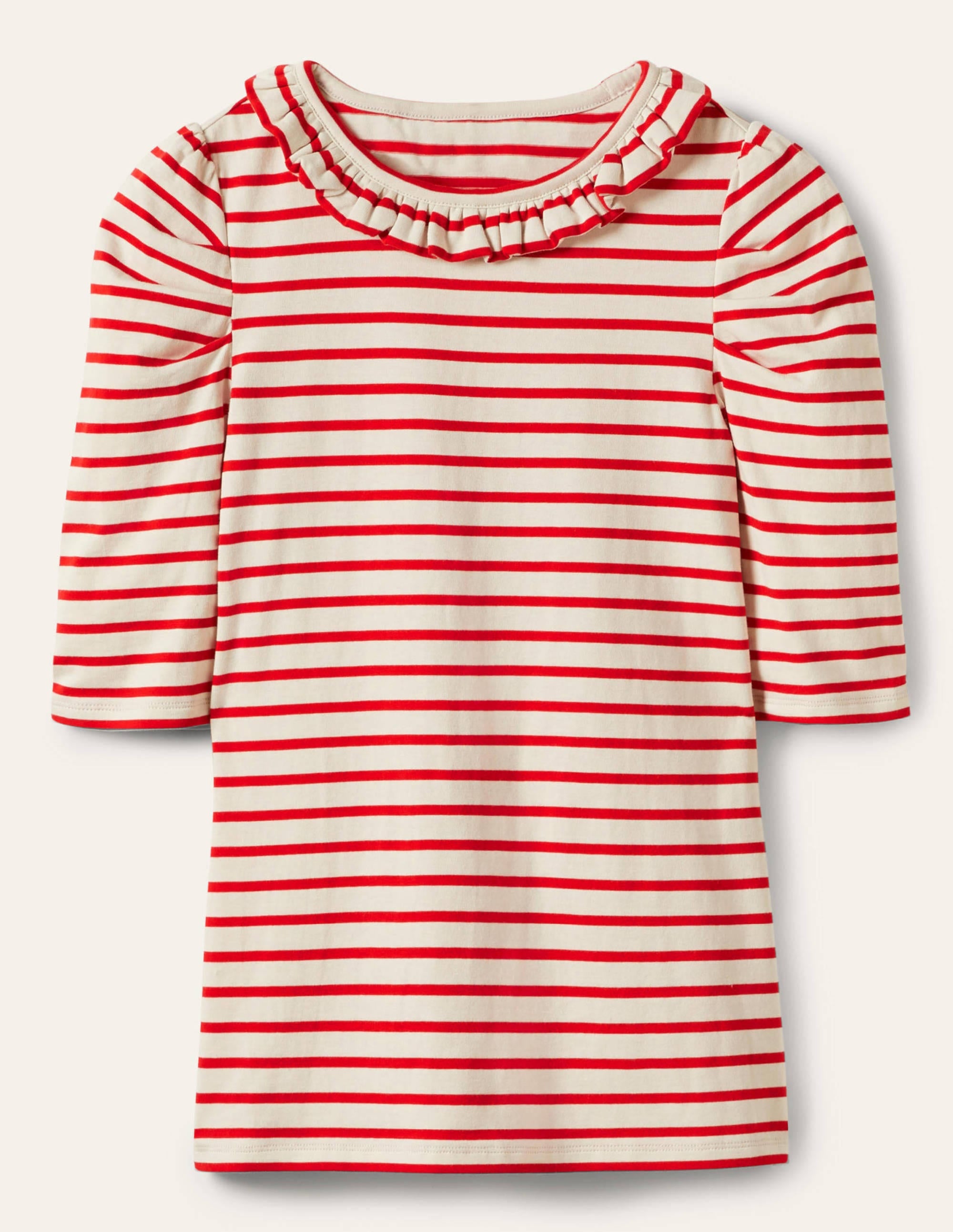 T-Shirt mit Puffärmeln und Rüschenausschnitt-Naturweiß/Rot, Gestreift - Image 6