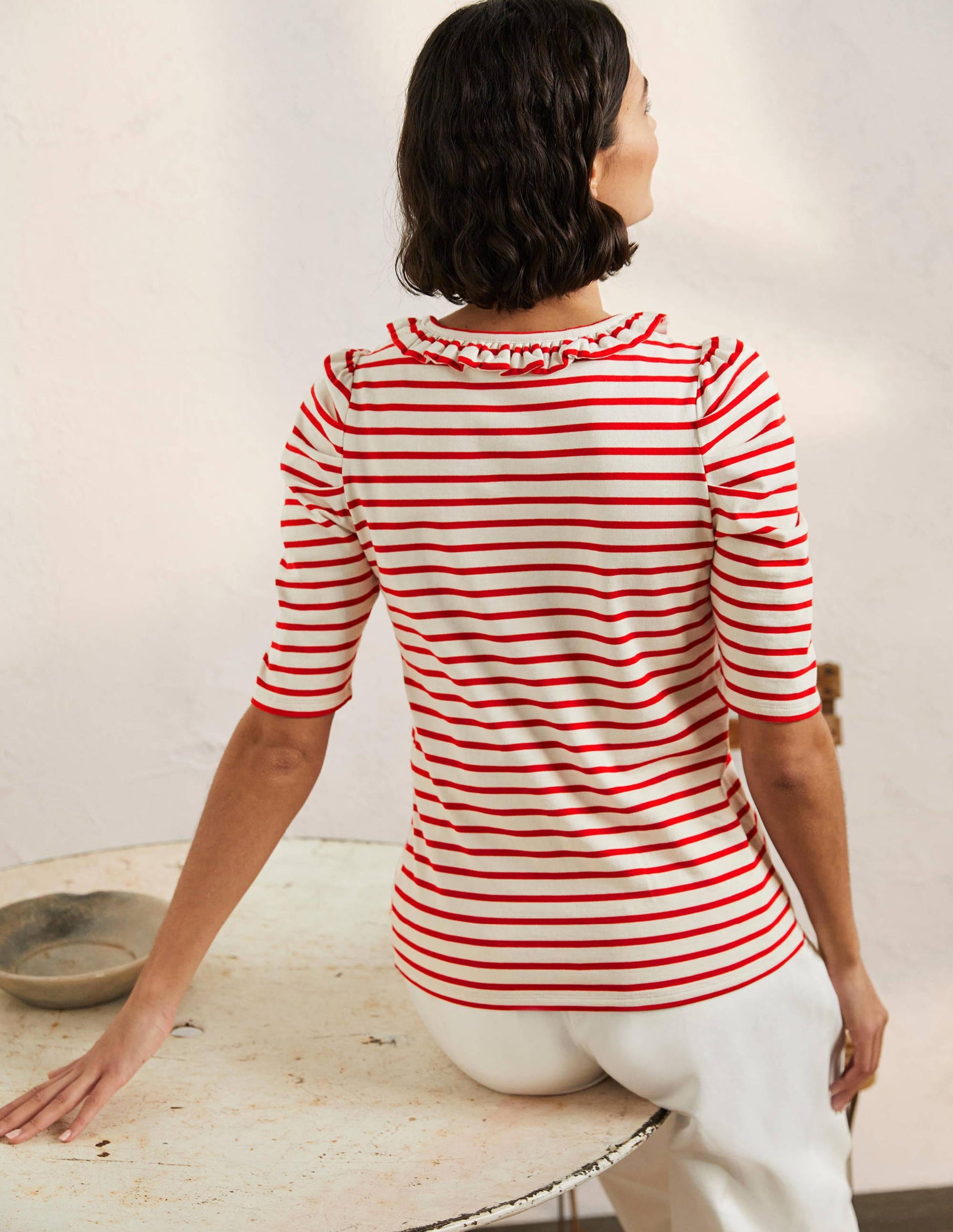T-Shirt mit Puffärmeln und Rüschenausschnitt-Naturweiß/Rot, Gestreift-3