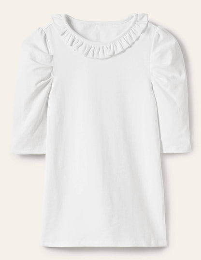 T-Shirt mit Puffärmeln und Rüschenausschnitt-Weiß