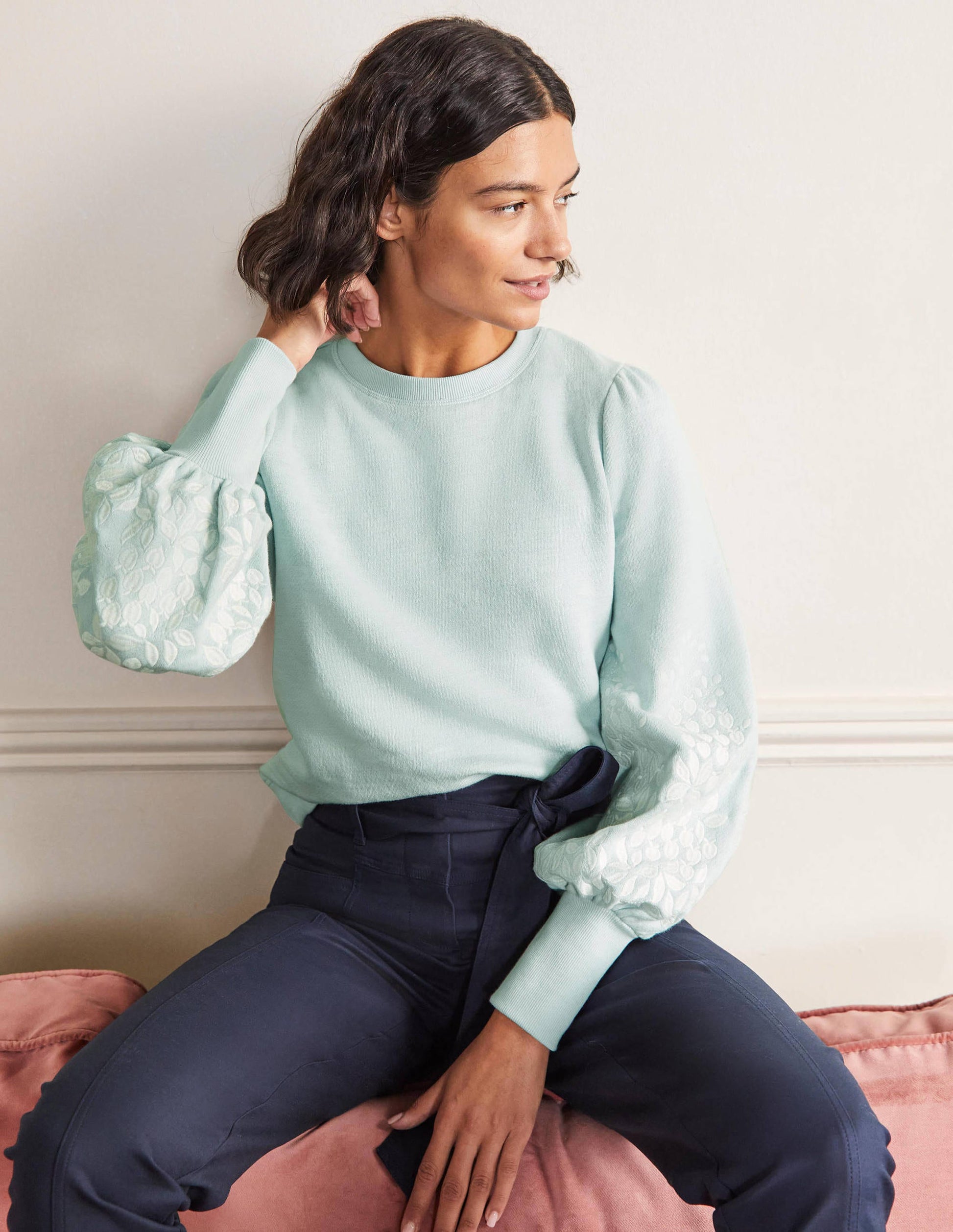 Embroidered Blouson Sweatshirt-Dawn Sky, Ivory Embroidery-1