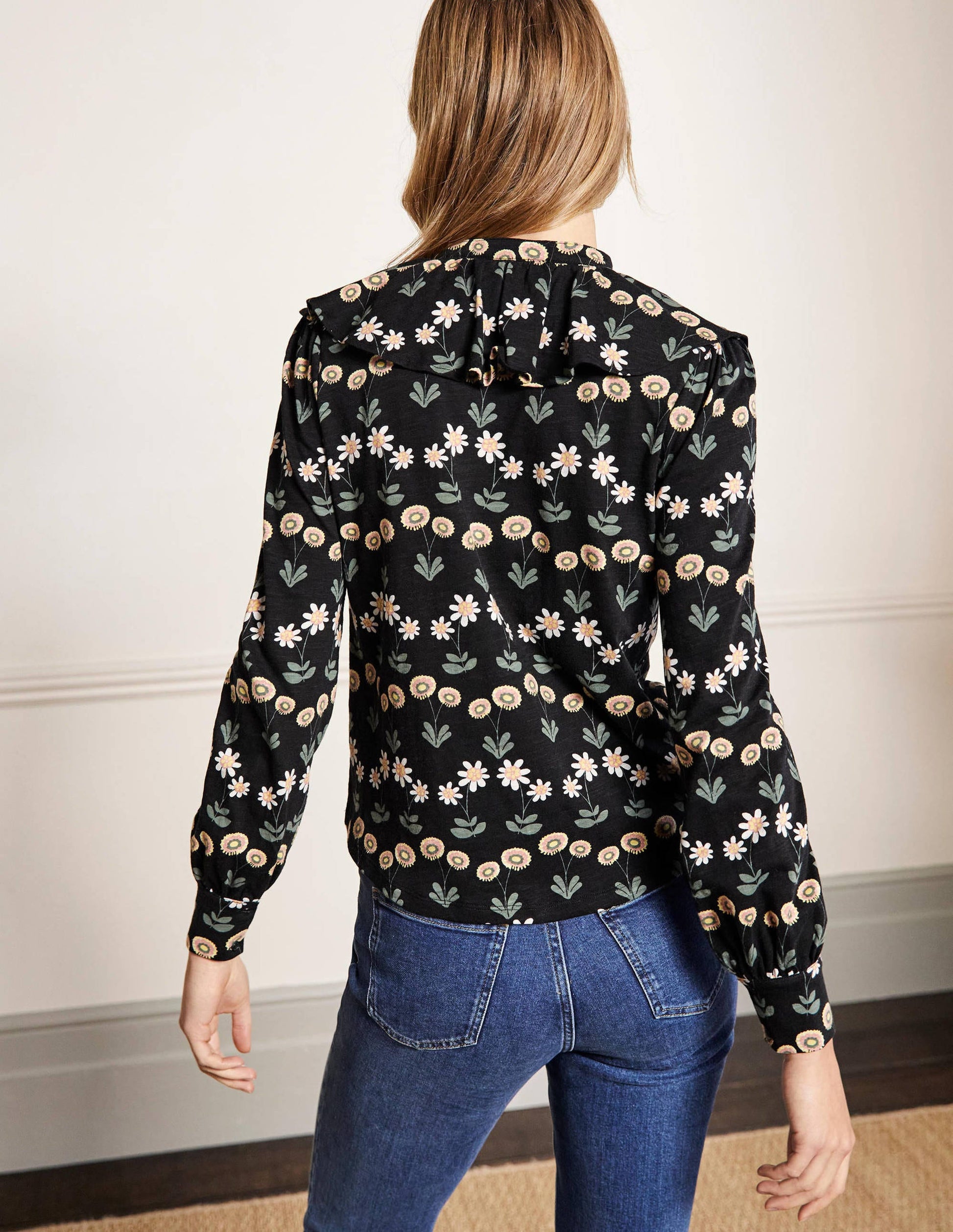 Chemise en jersey à volant-Noir, motif Delicate Daisy-3