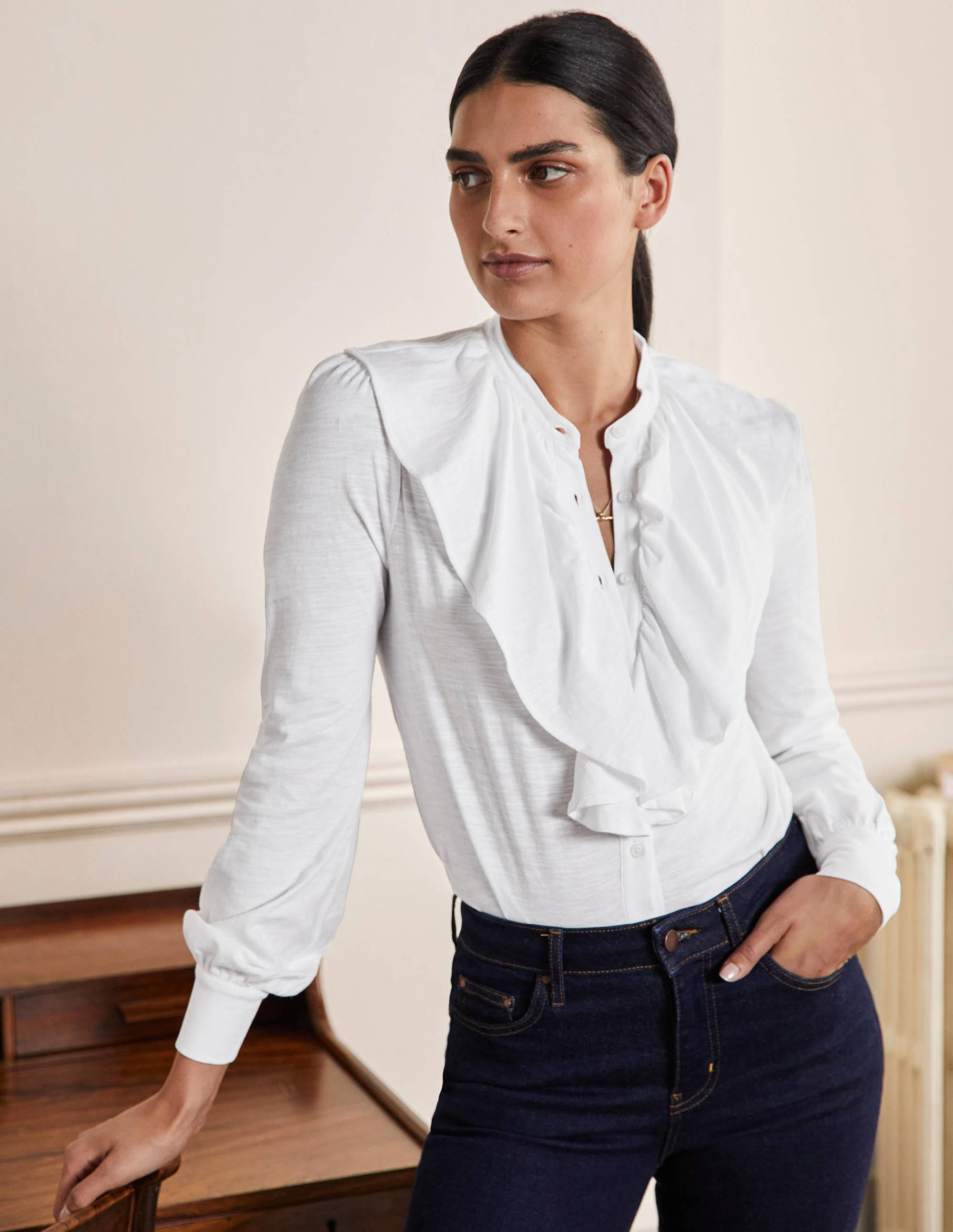 Chemise en jersey à volant-Blanc - Image 1