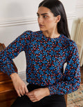 Gesmoktes Jerseyoberteil mit Blousonärmeln-Schwarz, Filigranes Blumenmuster