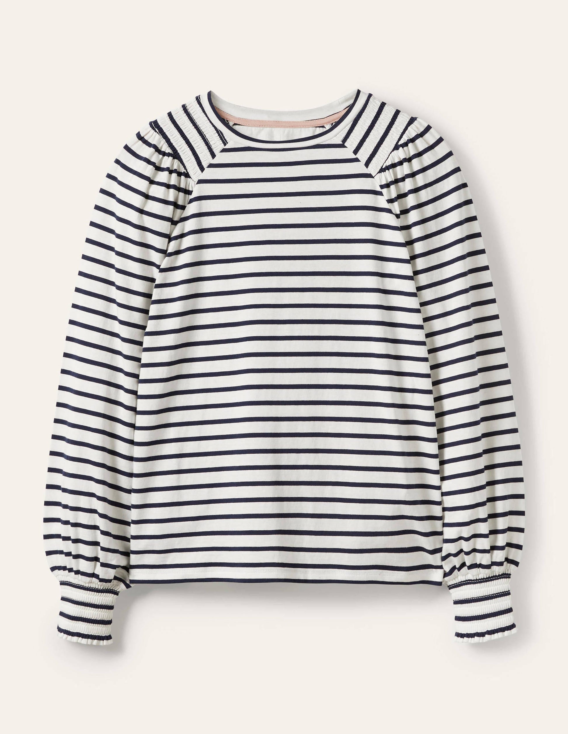 Top en jersey à manches blousantes et smocks-Rayé ivoire/bleu marine-5