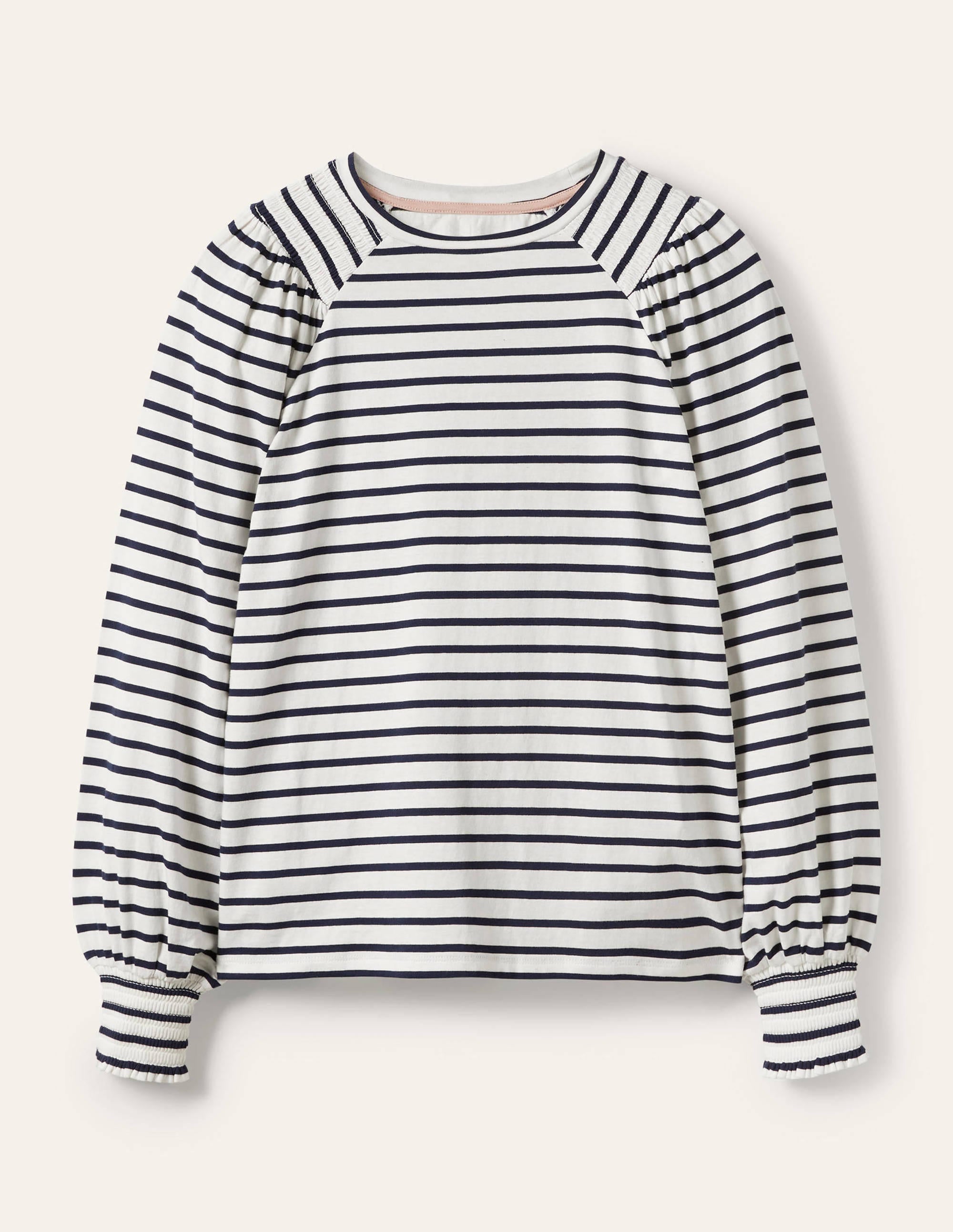 Top en jersey à manches blousantes et smocks-Rayé ivoire/bleu marine - Image 5