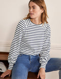 Top en jersey à manches blousantes et smocks-Rayé ivoire/bleu marine