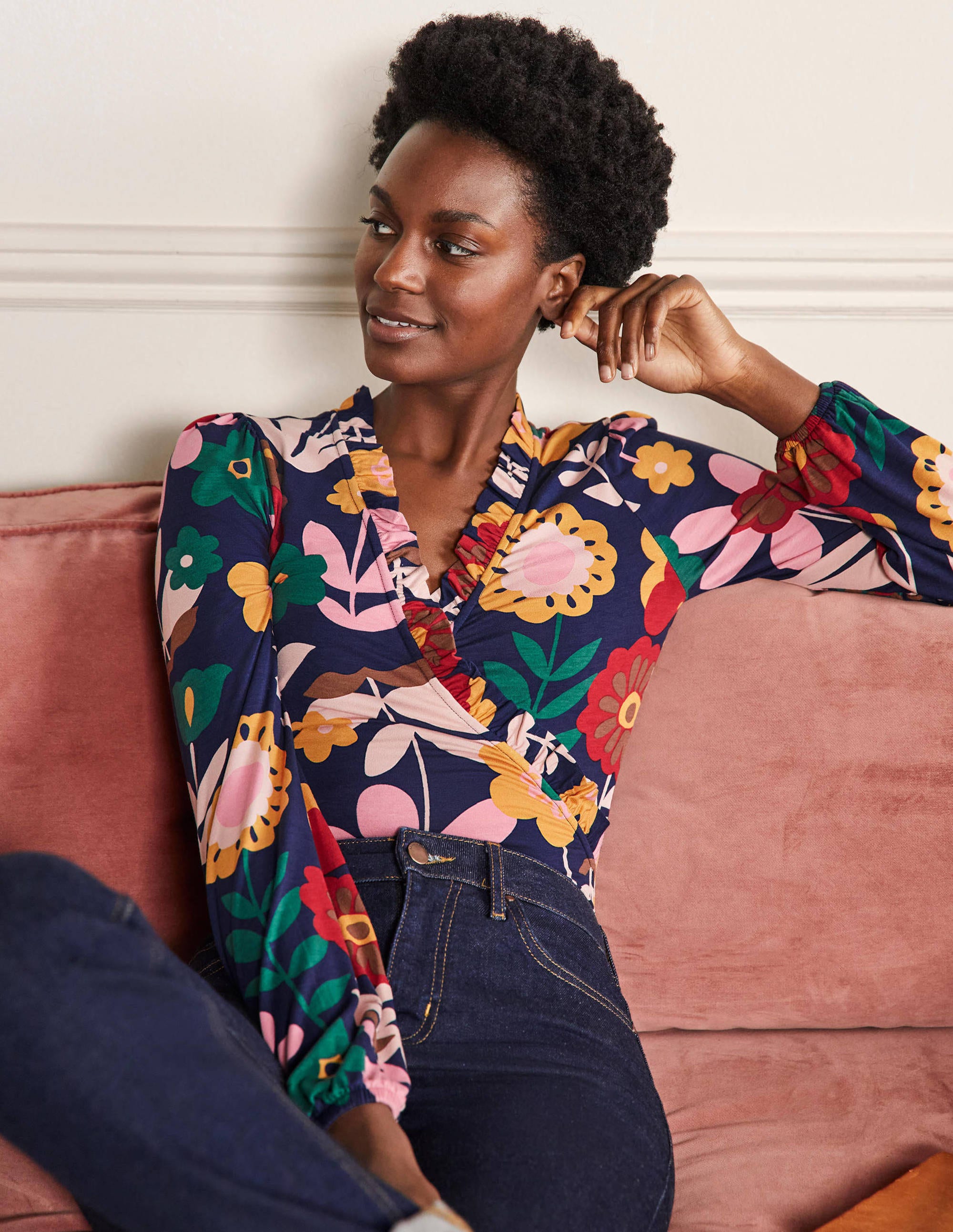 Frill Neck Blouson Wrap Top-French Navy, Flora Bloom - Image 1