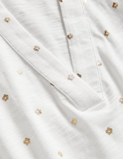 Collared Notch Neck Cotton Top-Ivory Foil Flower-6