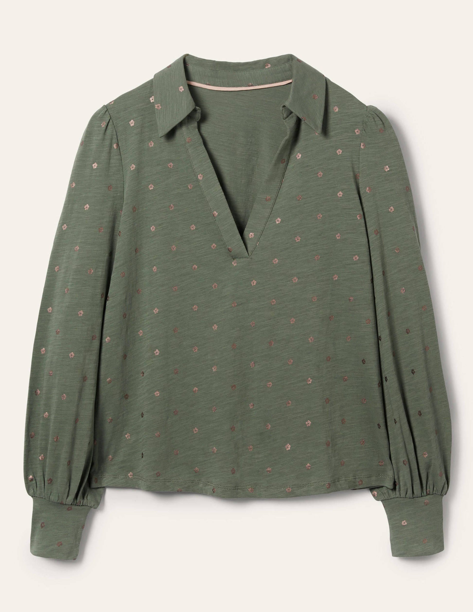 Collared Notch Neck Cotton Top-Alder Foil Flower-5