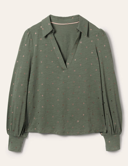 Collared Notch Neck Cotton Top-Alder Foil Flower-5