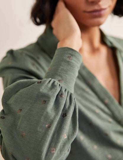 Collared Notch Neck Cotton Top-Alder Foil Flower-2