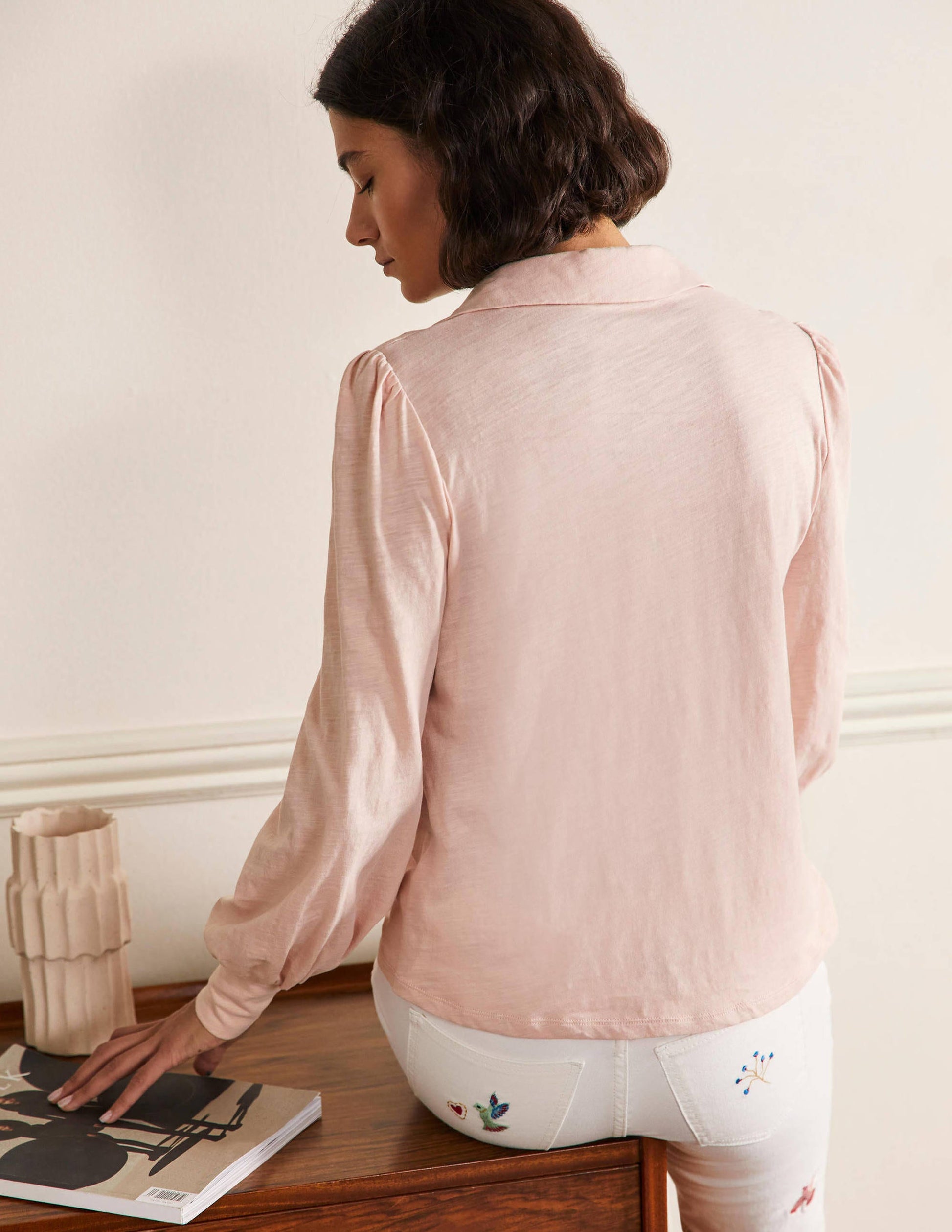 Collared Notch Neck Cotton Top-Milkshake-3