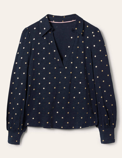 Collared Notch Neck Cotton Top-French Navy Foil Flower-5