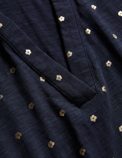 Collared Notch Neck Cotton Top-French Navy Foil Flower-6