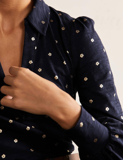 Collared Notch Neck Cotton Top-French Navy Foil Flower-2