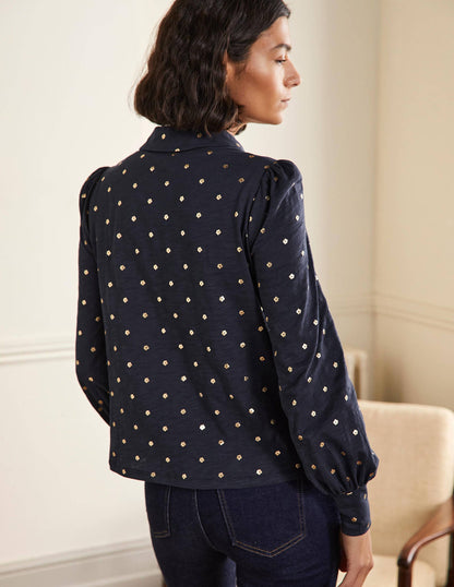 Collared Notch Neck Cotton Top-French Navy Foil Flower-3