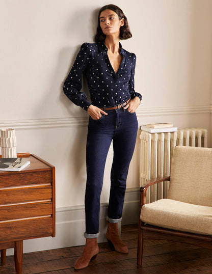 Collared Notch Neck Cotton Top-French Navy Foil Flower-4