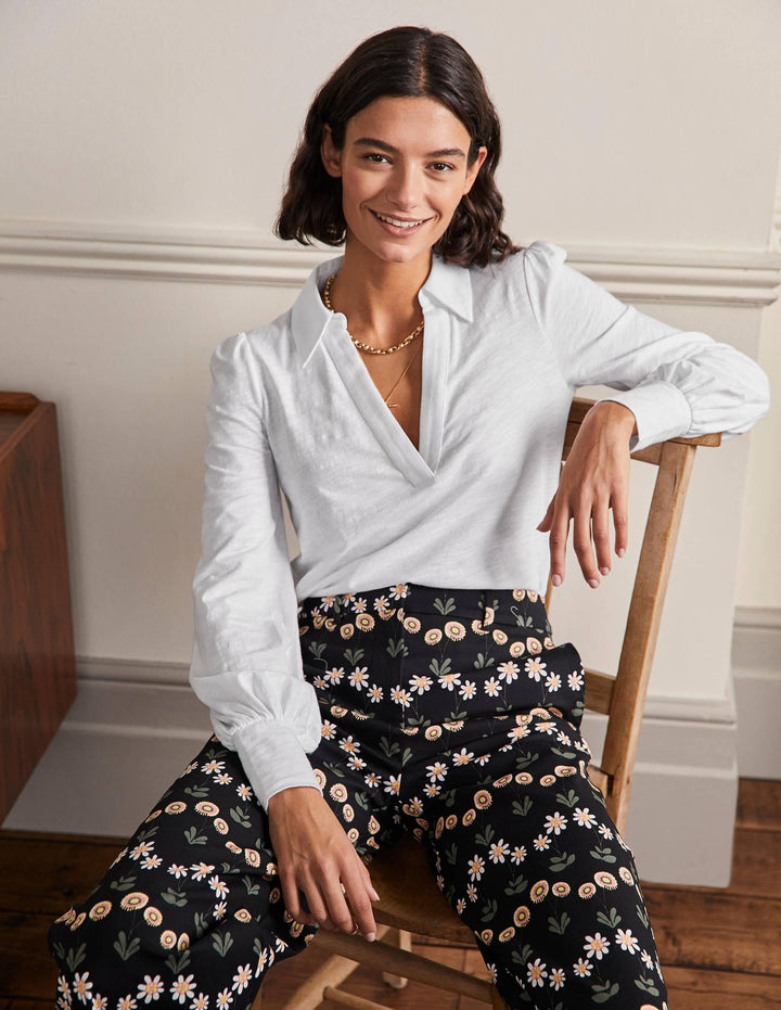 Collared Notch Neck Cotton Top-White