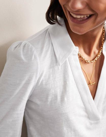 Collared Notch Neck Cotton Top-White-2