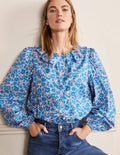 Pleated Collar Blouse-Moroccan Blue Elegant Bloom