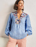 Top brodé en lin-Chambray