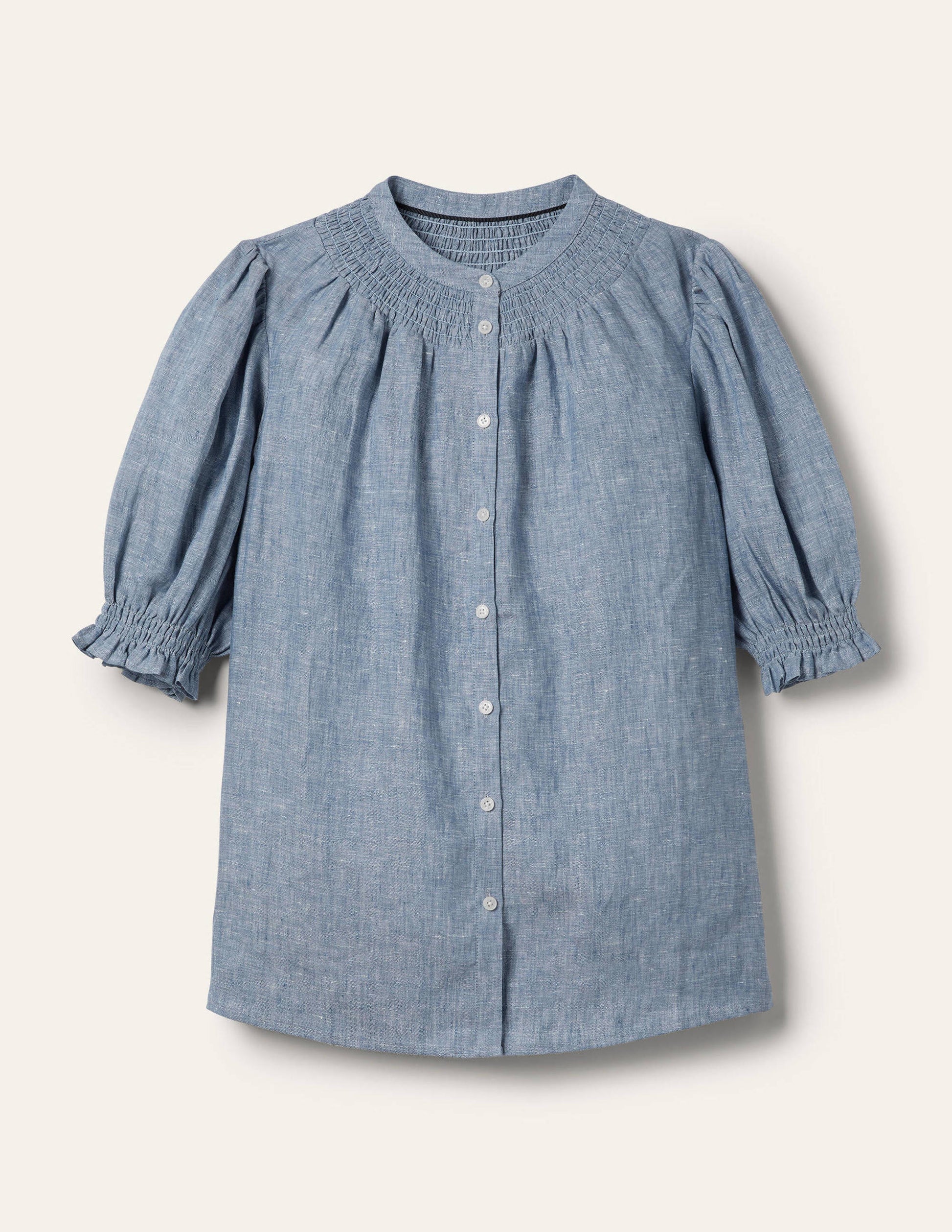 Smocked Short Sleeve Blouse-Chambray-5