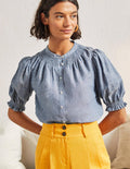 Smocked Short Sleeve Blouse-Chambray