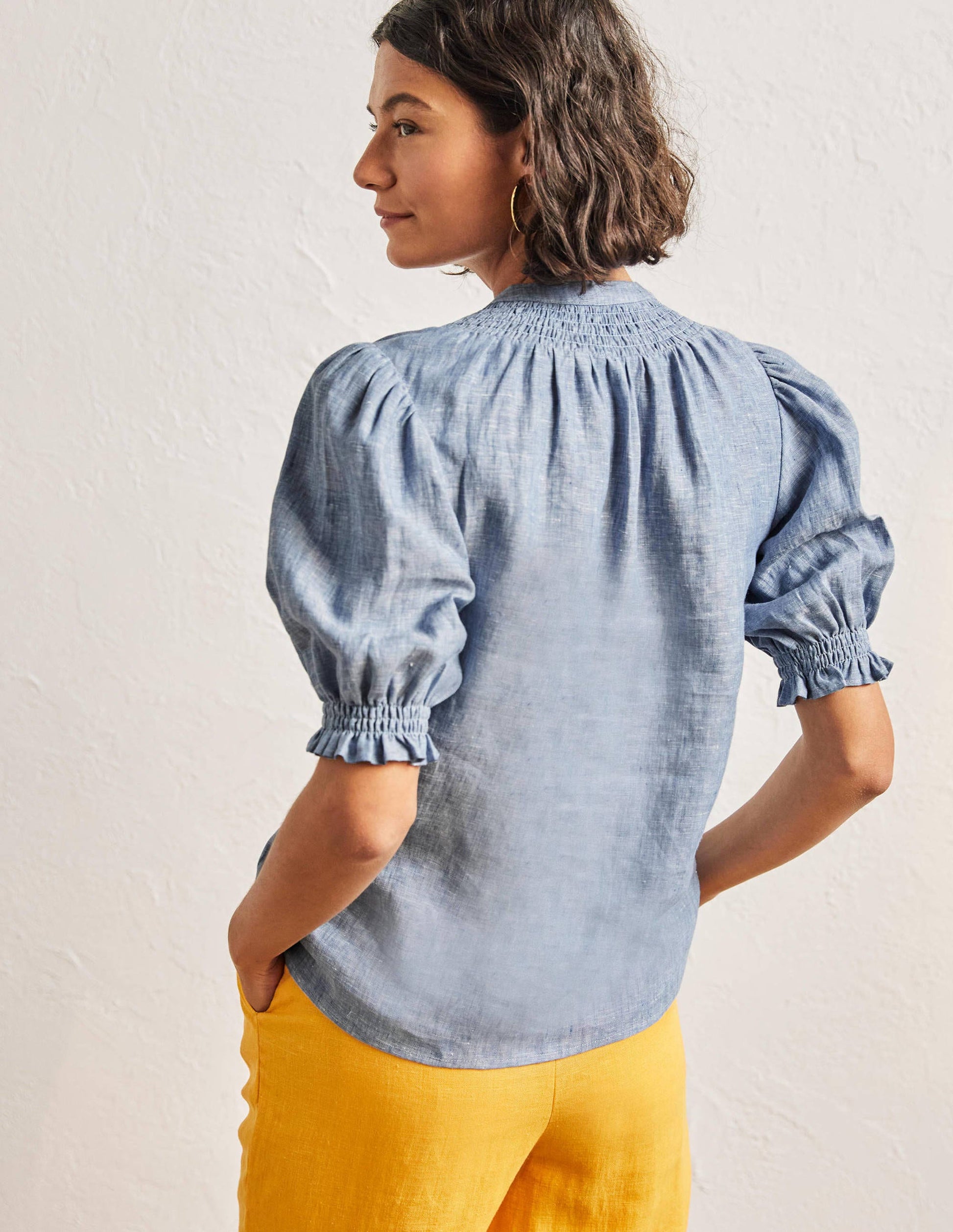 Smocked Short Sleeve Blouse-Chambray-3