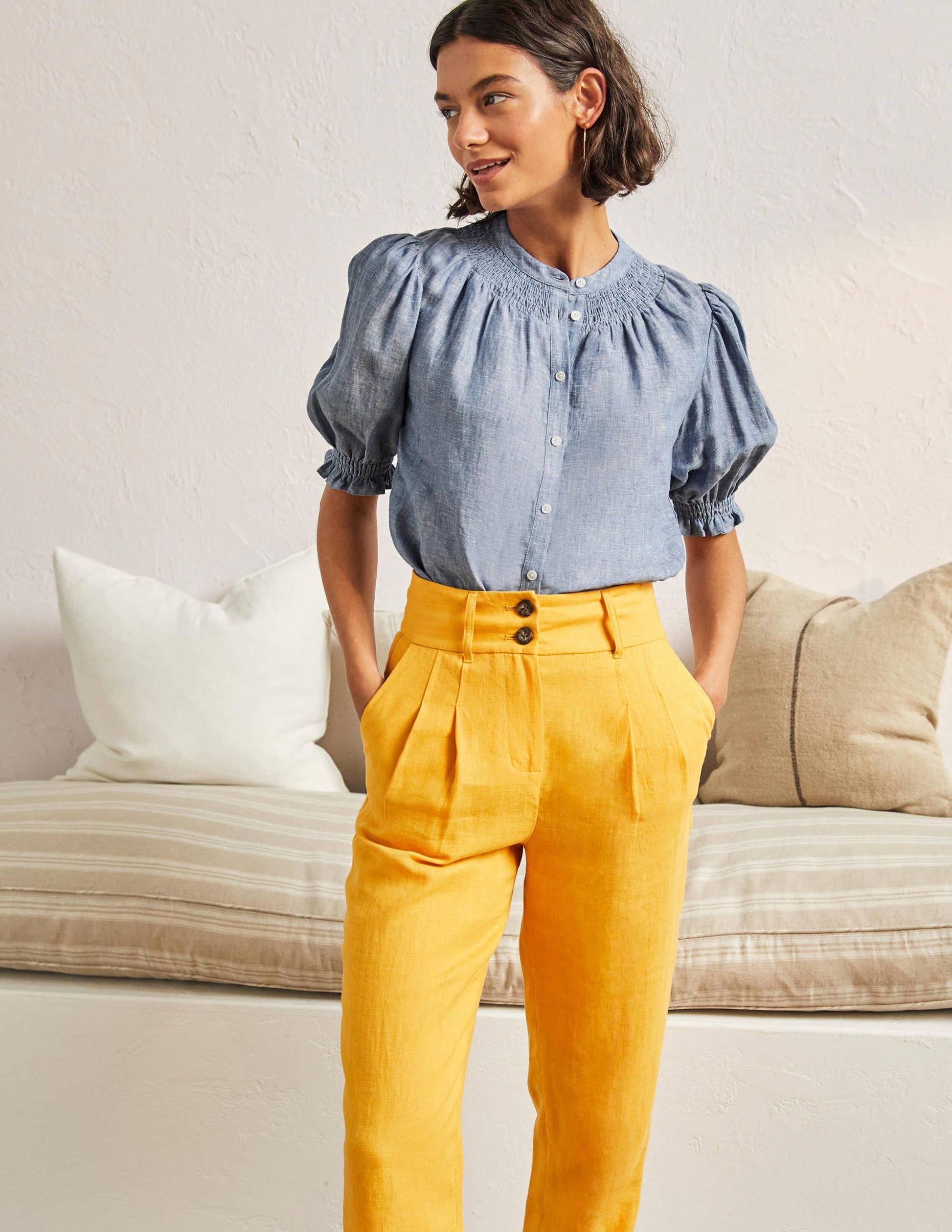 Smocked Short Sleeve Blouse-Chambray-4