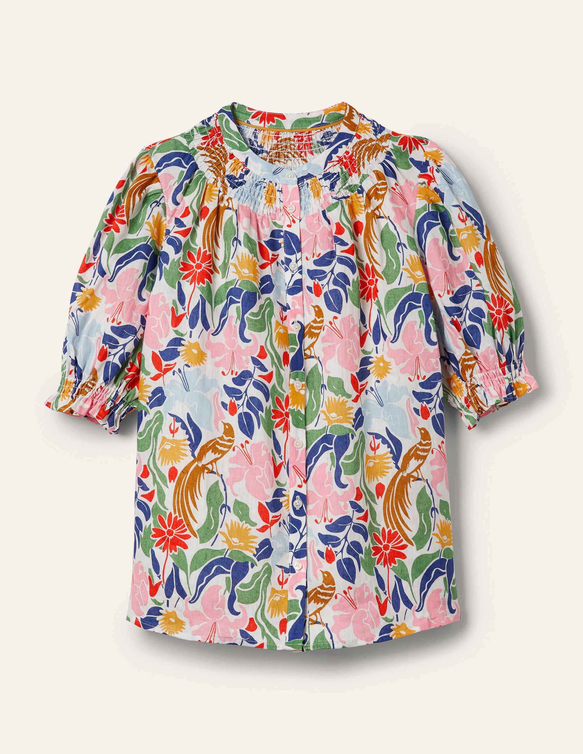 Gesmokte Bluse mit kurzen Ärmeln-Naturweiß, Orientalischer Vogel - Image 6