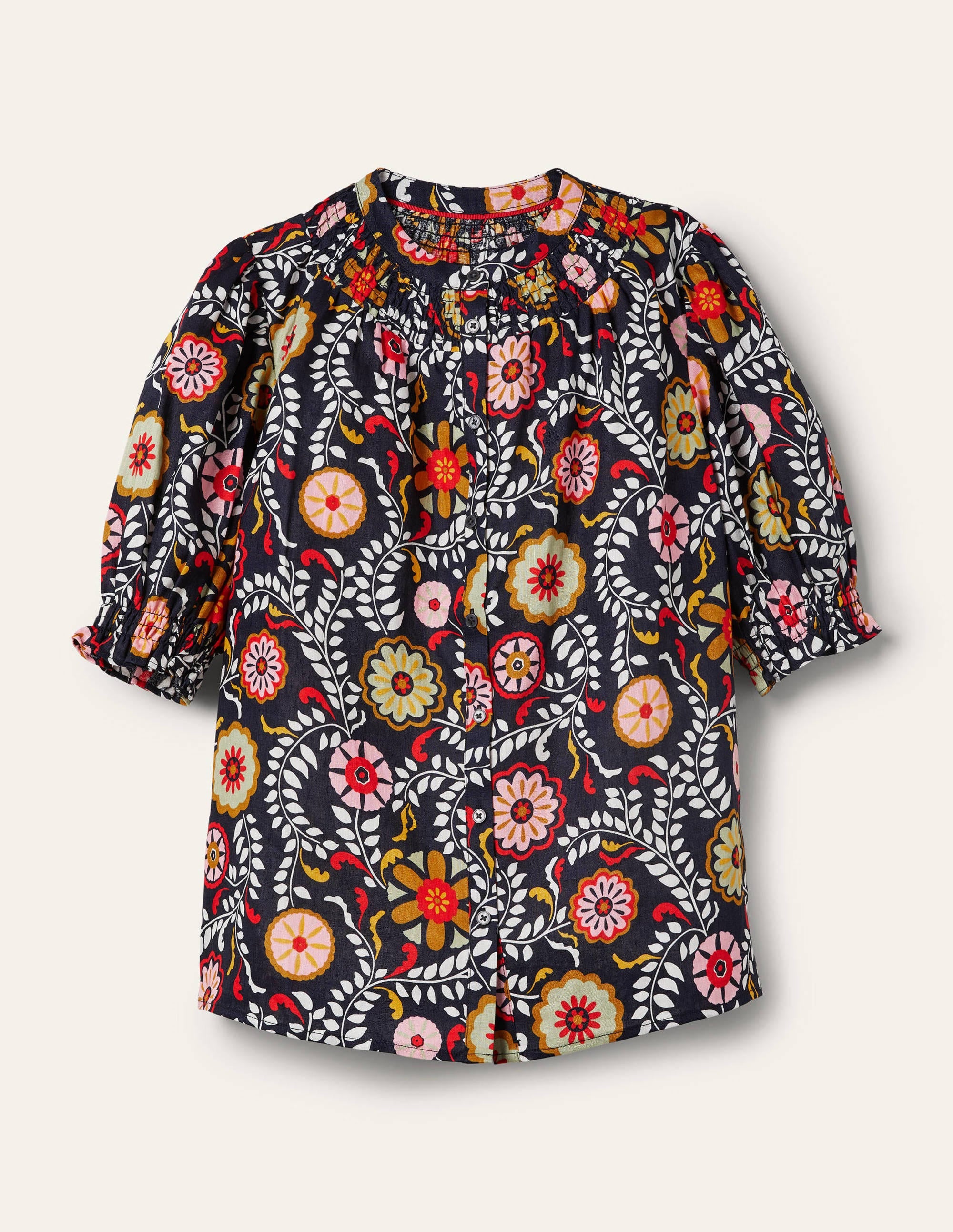 Gesmokte Bluse mit kurzen Ärmeln-Französisches Navy, Üppiger Garten - Image 6