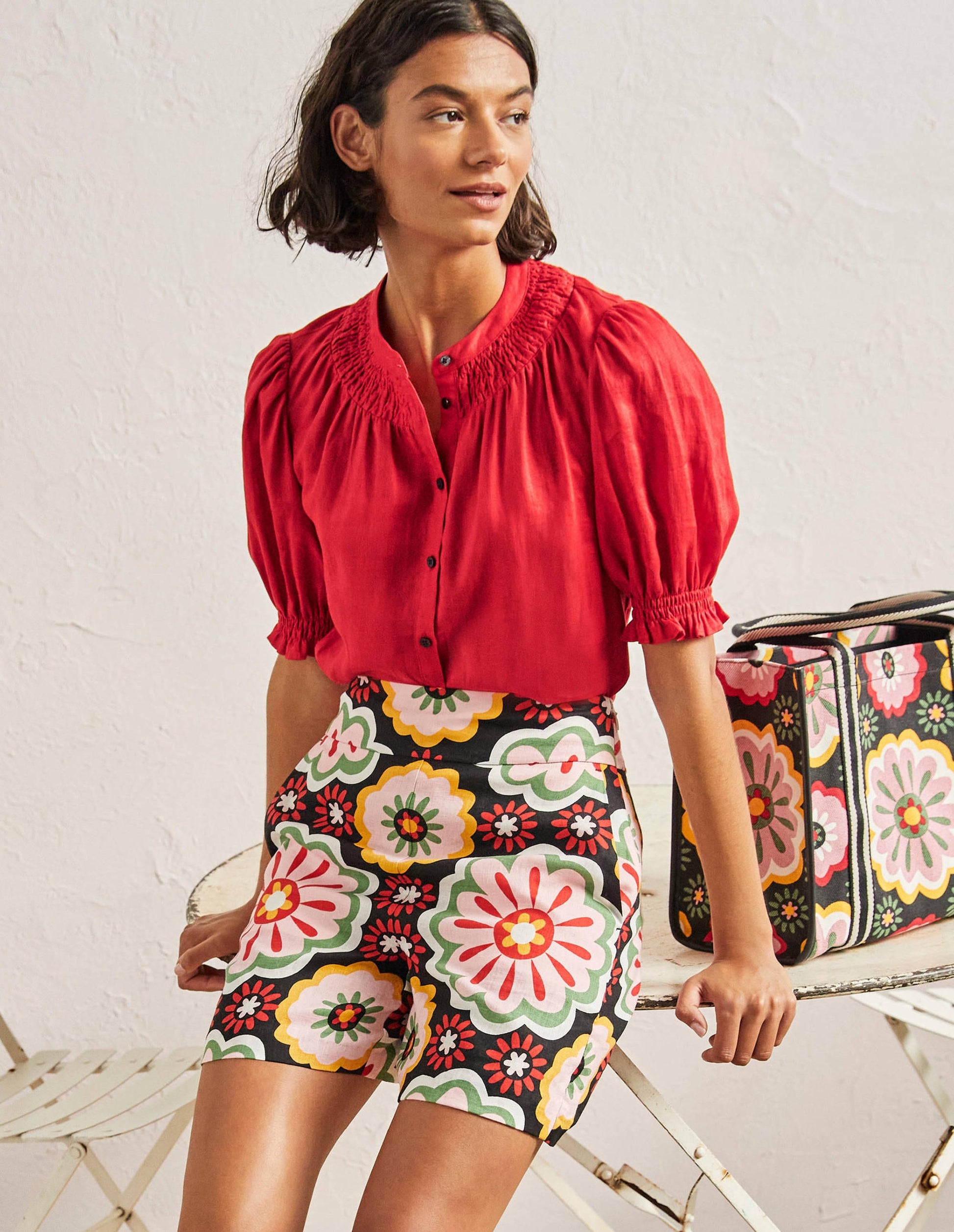 Blouse manches courtes à smocks-Rouge-1