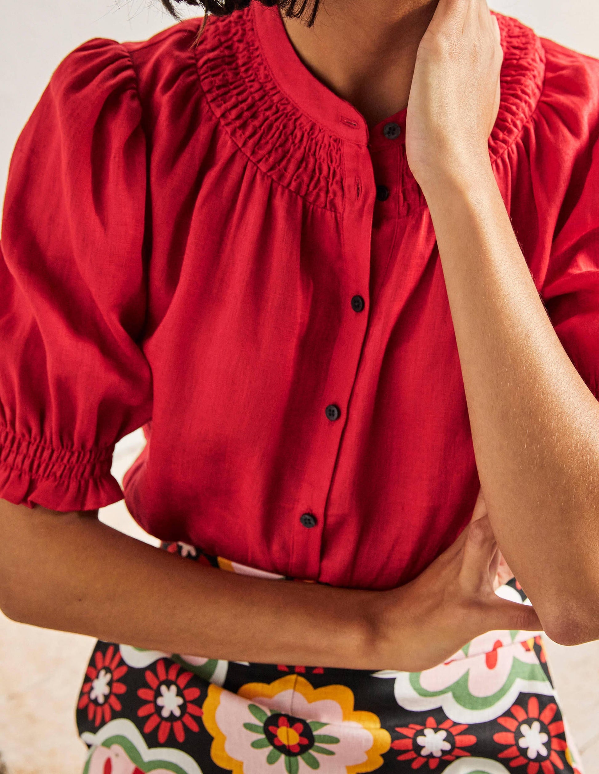 Blouse manches courtes à smocks-Rouge-2