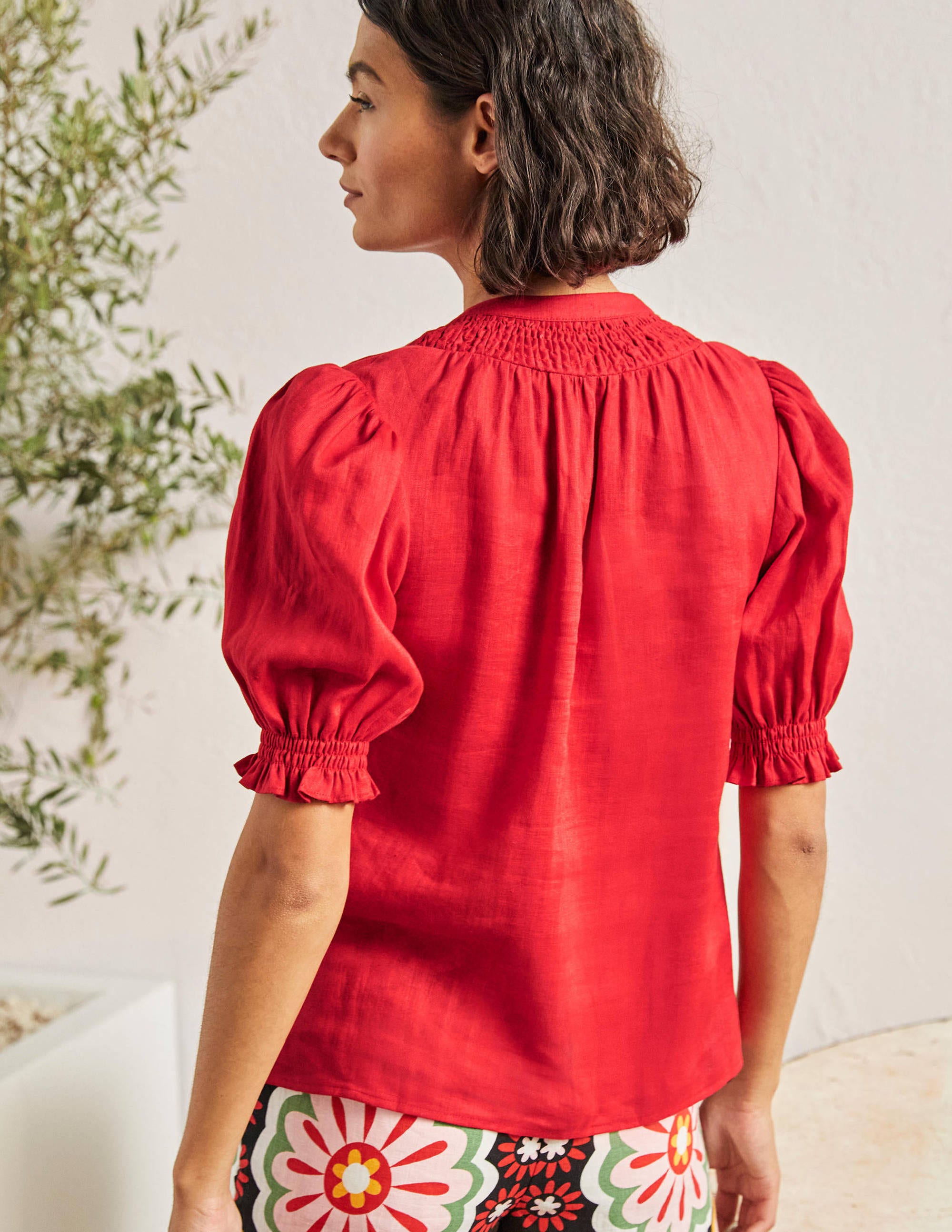 Blouse manches courtes à smocks-Rouge - Image 3