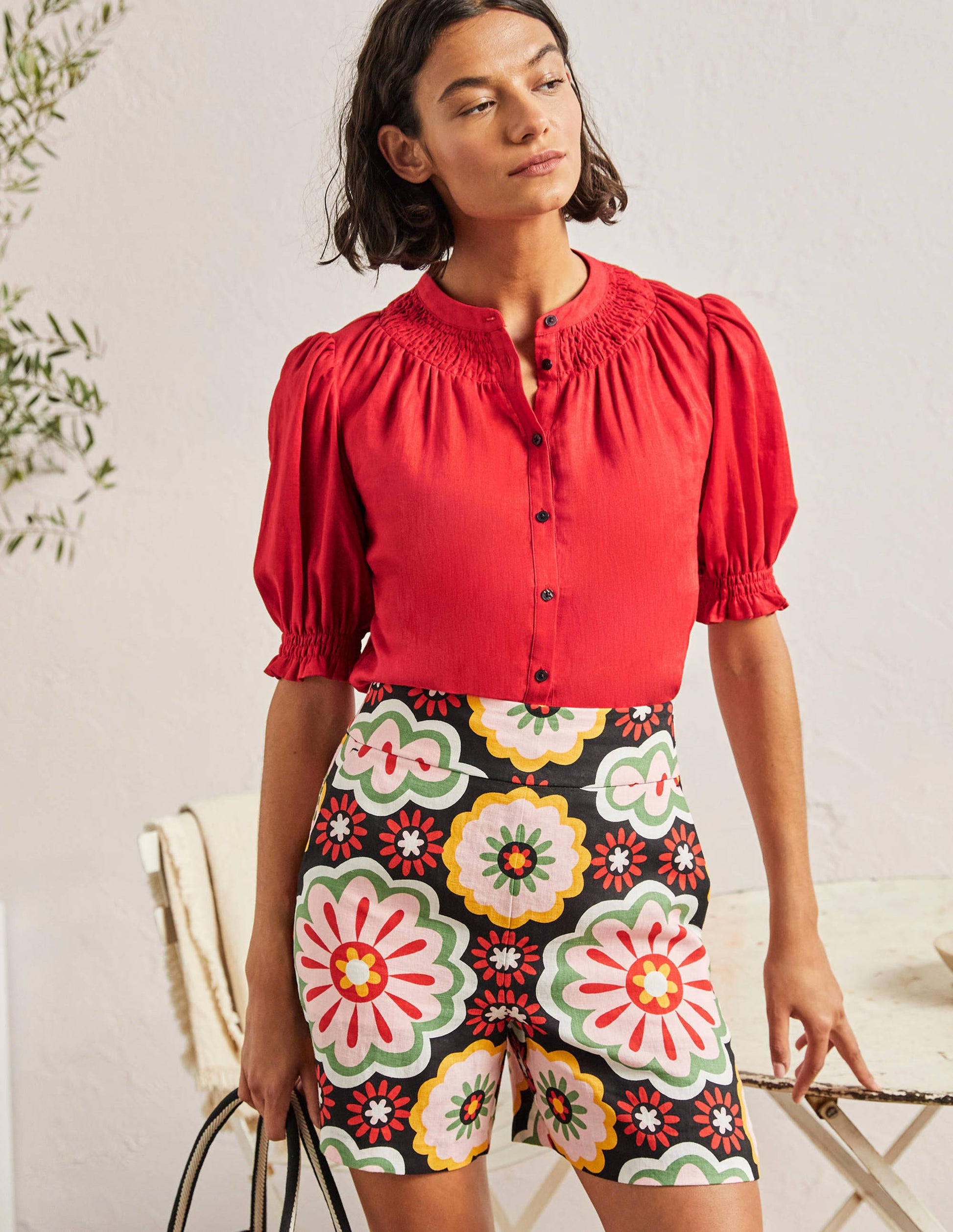 Blouse manches courtes à smocks-Rouge-4