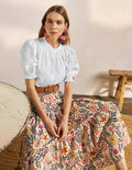 Blouse manches courtes à smocks-Blanc