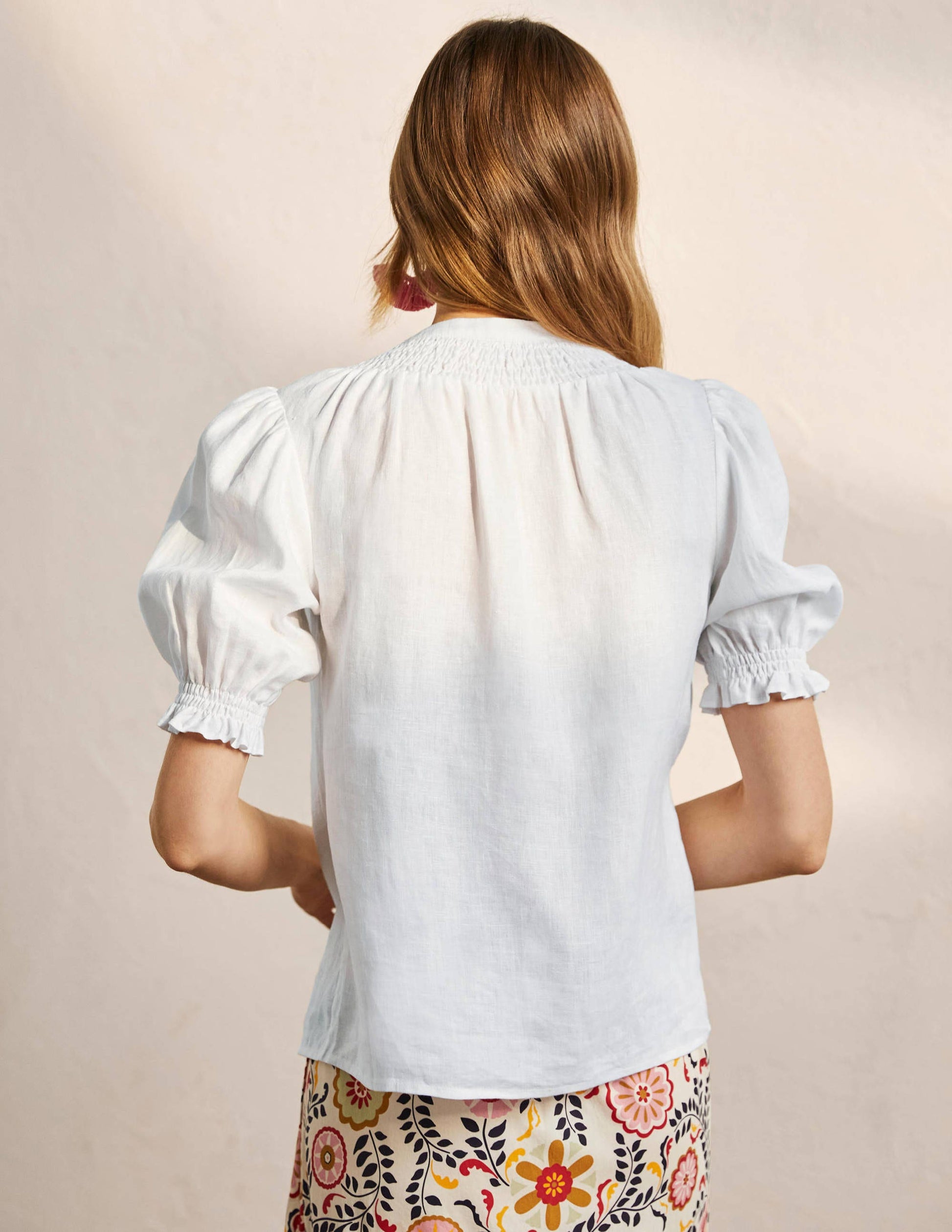 Blouse manches courtes à smocks-Blanc-3
