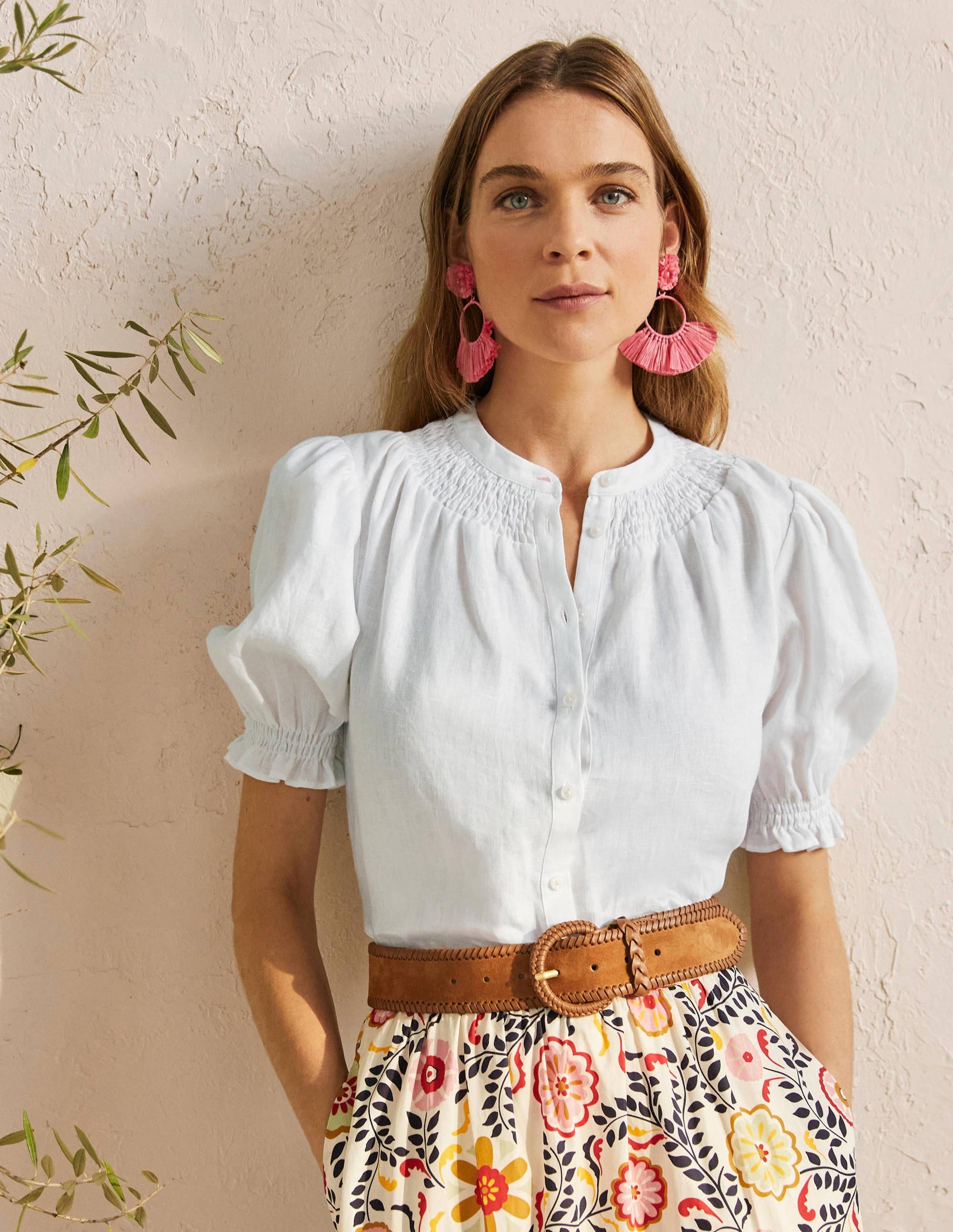 Blouse manches courtes à smocks-Blanc-4