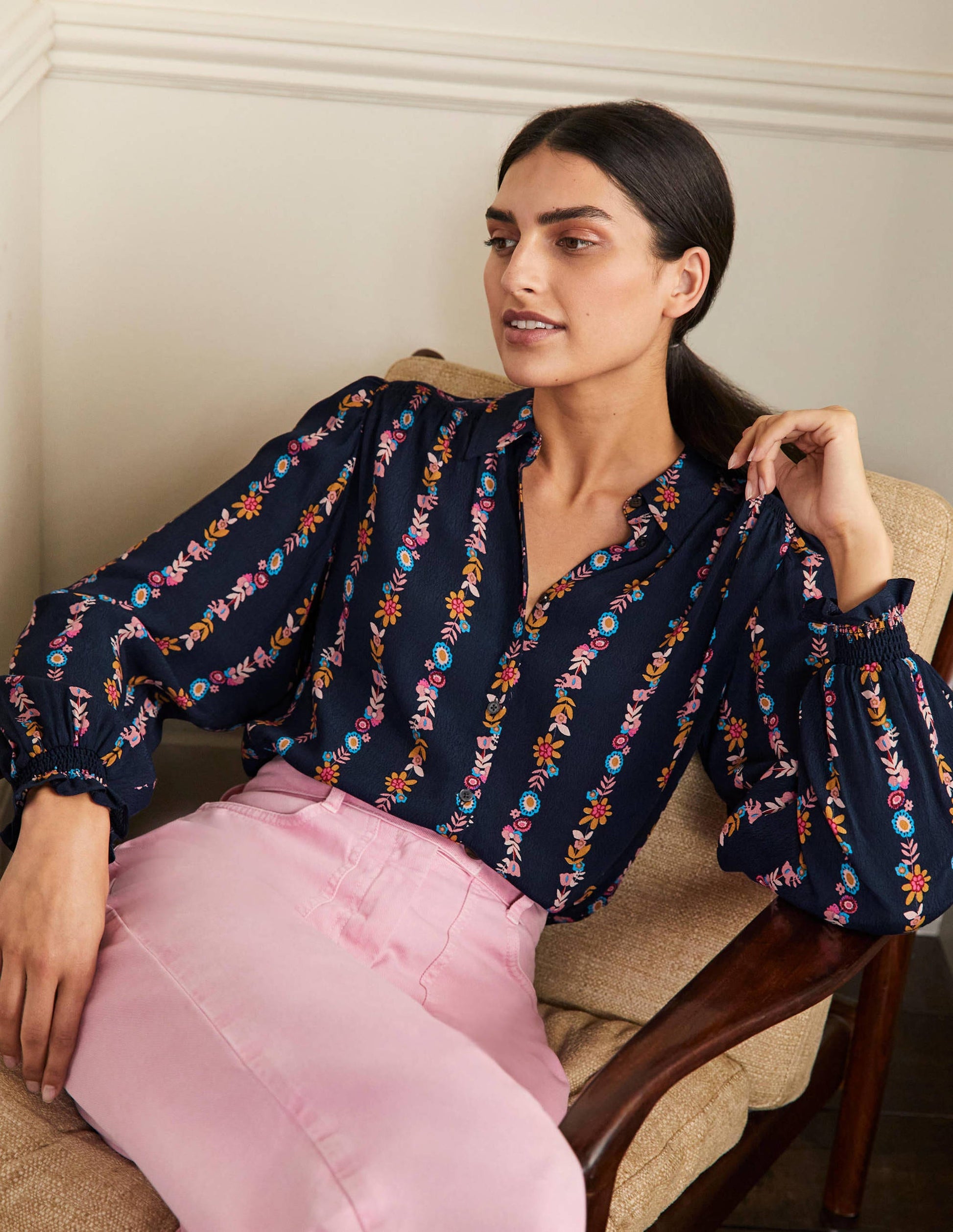 Smocking Detail Blouse-French Navy, Flora Bloom-1
