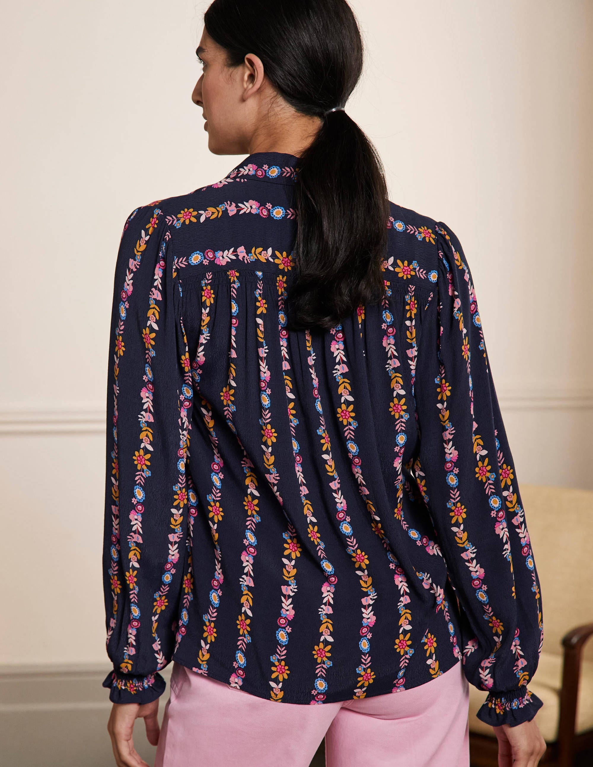 Smocking Detail Blouse-French Navy, Flora Bloom - Image 3