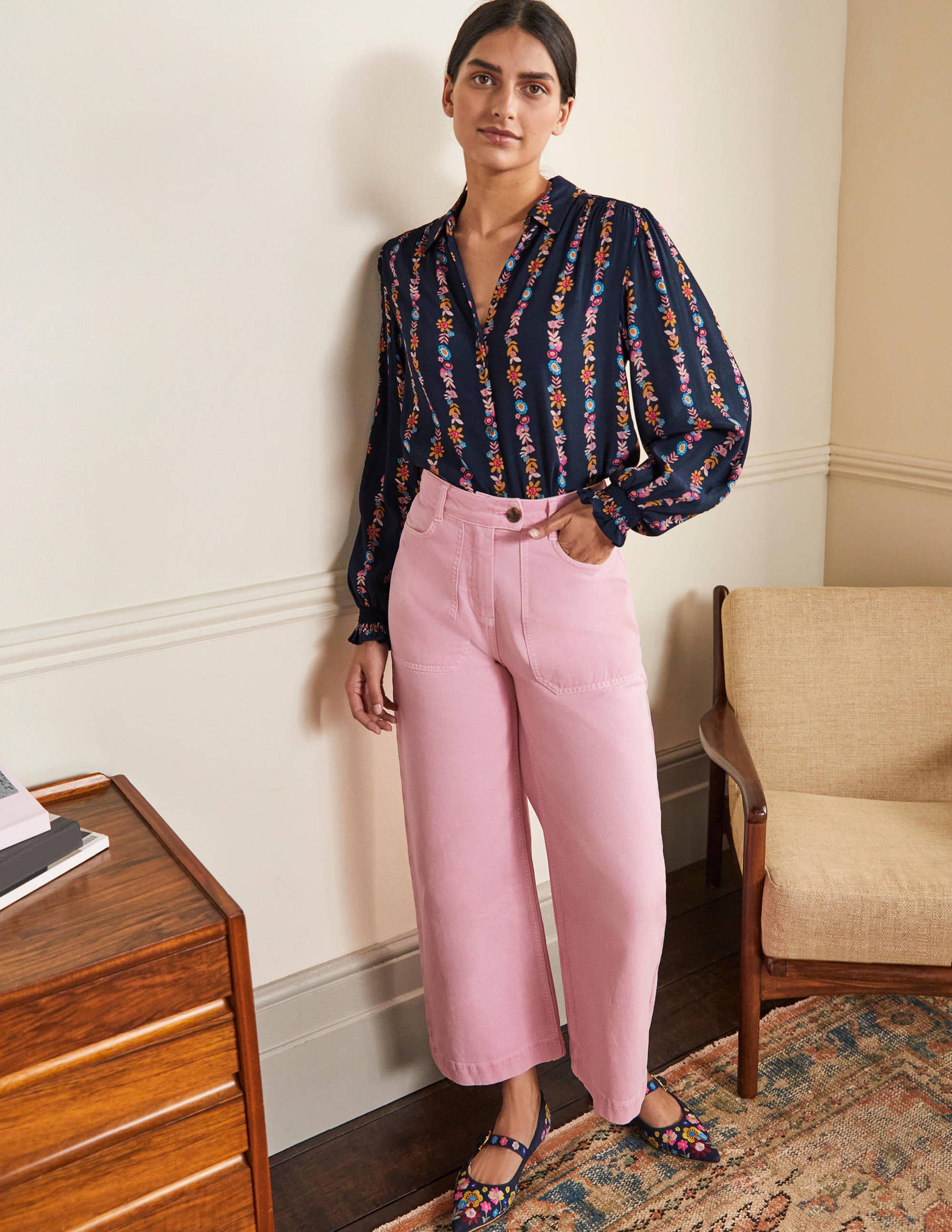 Smocking Detail Blouse-French Navy, Flora Bloom - Image 4