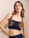 Brassière sport à encolure carrée-Bleu marine, motif Opulent Garden