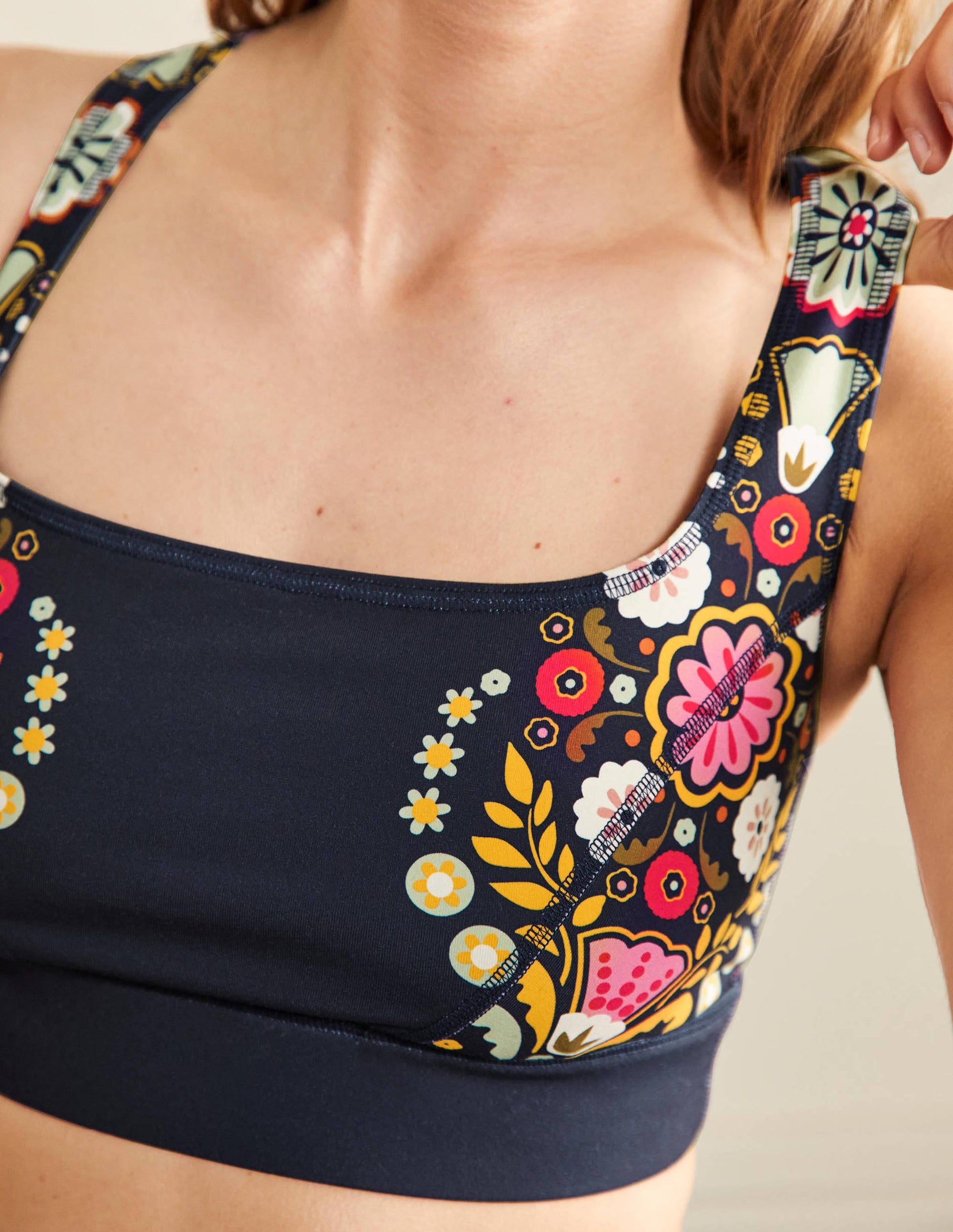 Brassière sport à encolure carrée-Bleu marine, motif Opulent Garden-2