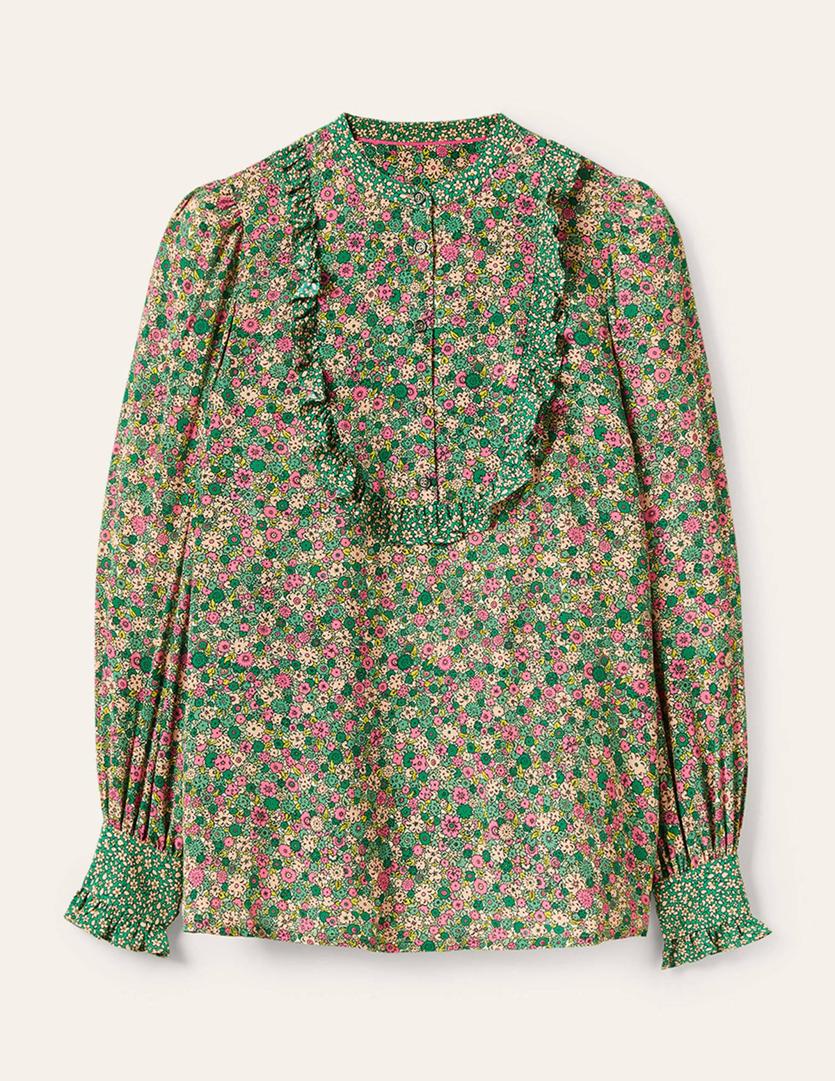 Frilly Printed Popover Blouse-Highland Green, Floret Cluster-6