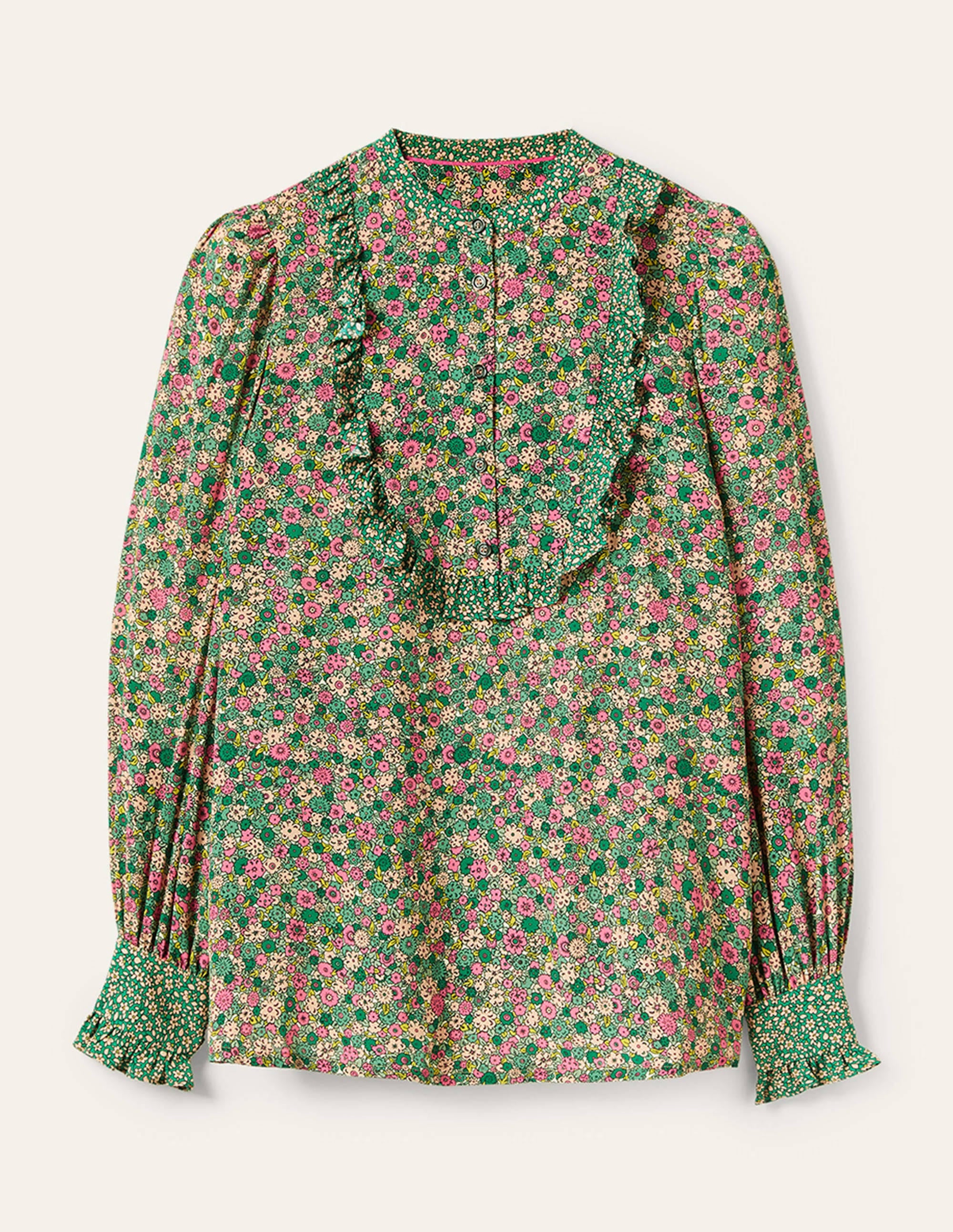 Frilly Printed Popover Blouse-Highland Green, Floret Cluster - Image 6