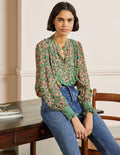 Frilly Printed Popover Blouse-Highland Green, Floret Cluster
