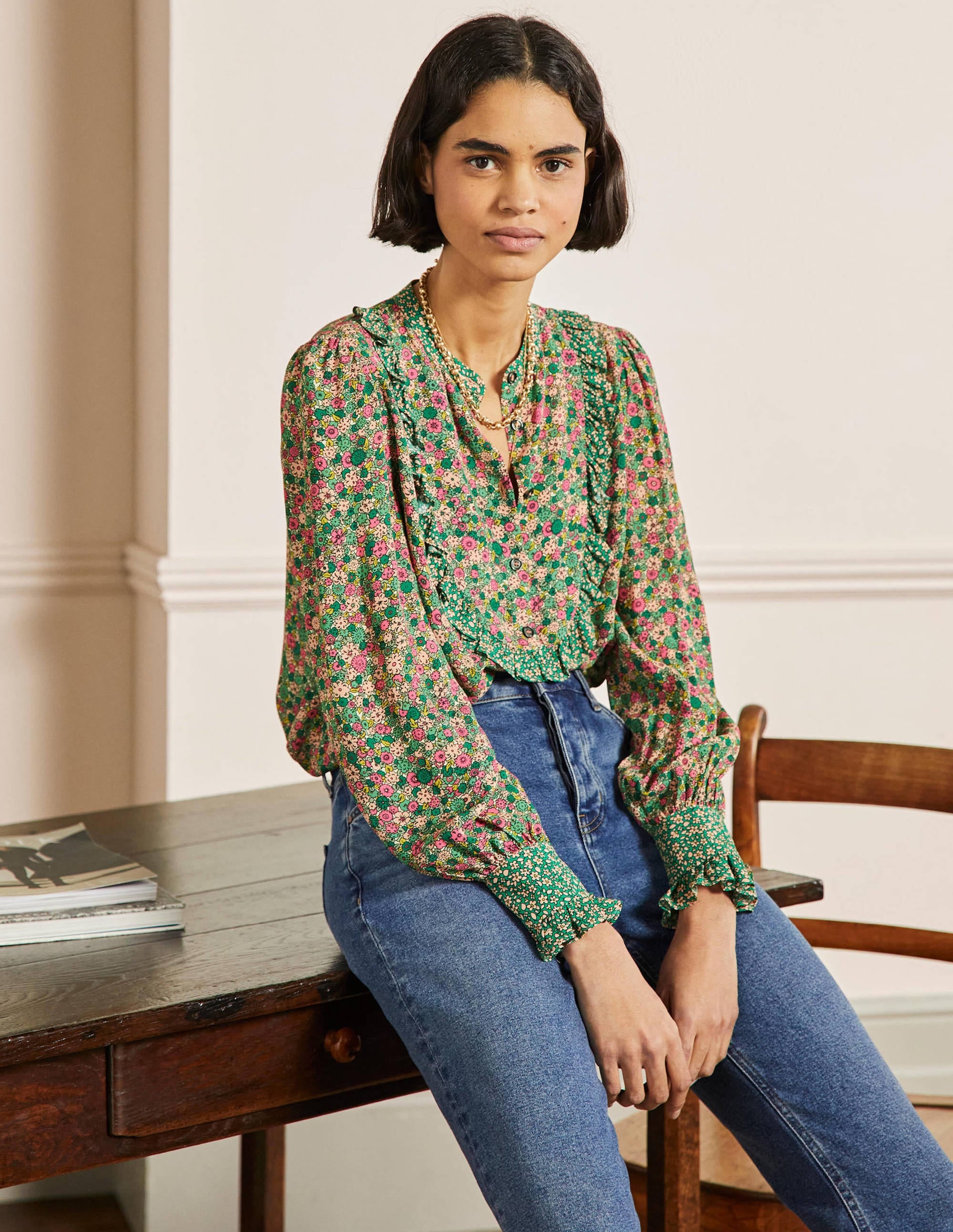 Frilly Printed Popover Blouse-Highland Green, Floret Cluster - Image 1