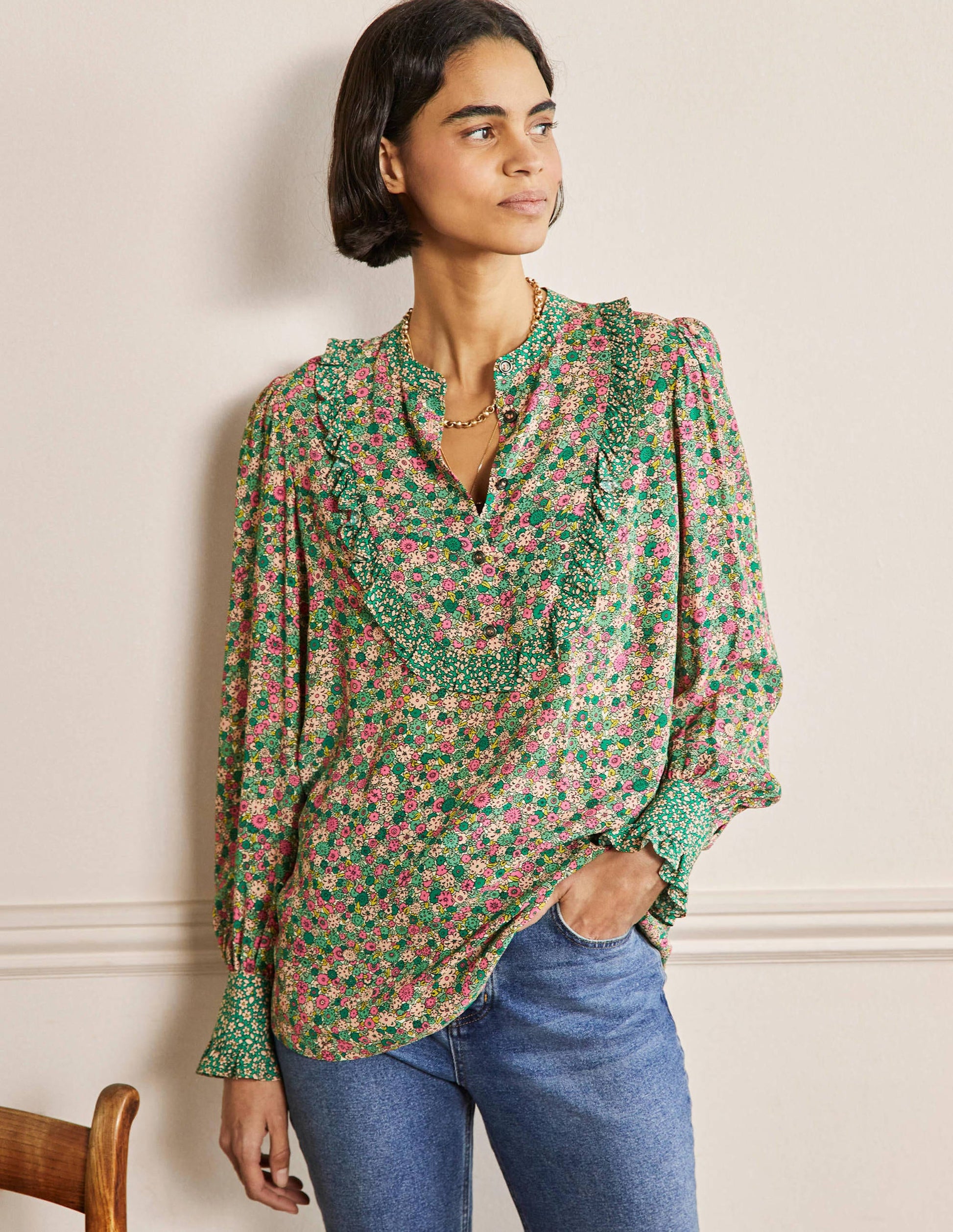 Frilly Printed Popover Blouse-Highland Green, Floret Cluster-4