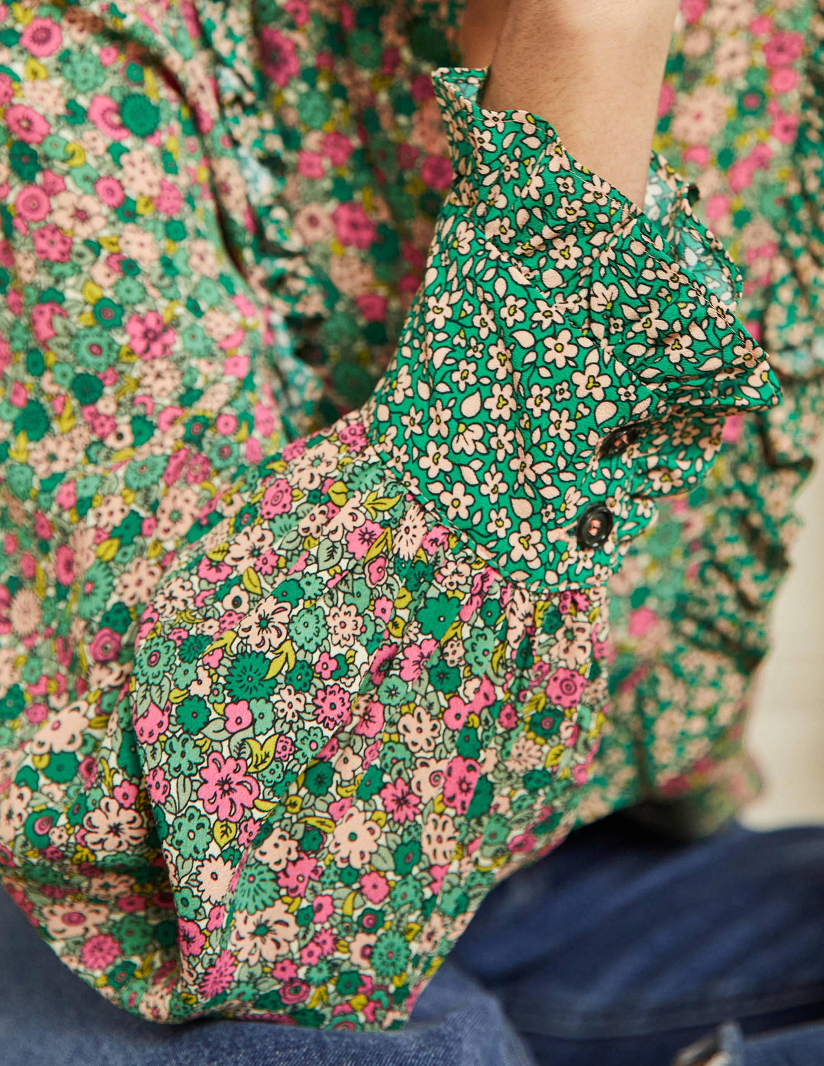 Frilly Printed Popover Blouse-Highland Green, Floret Cluster - Image 5