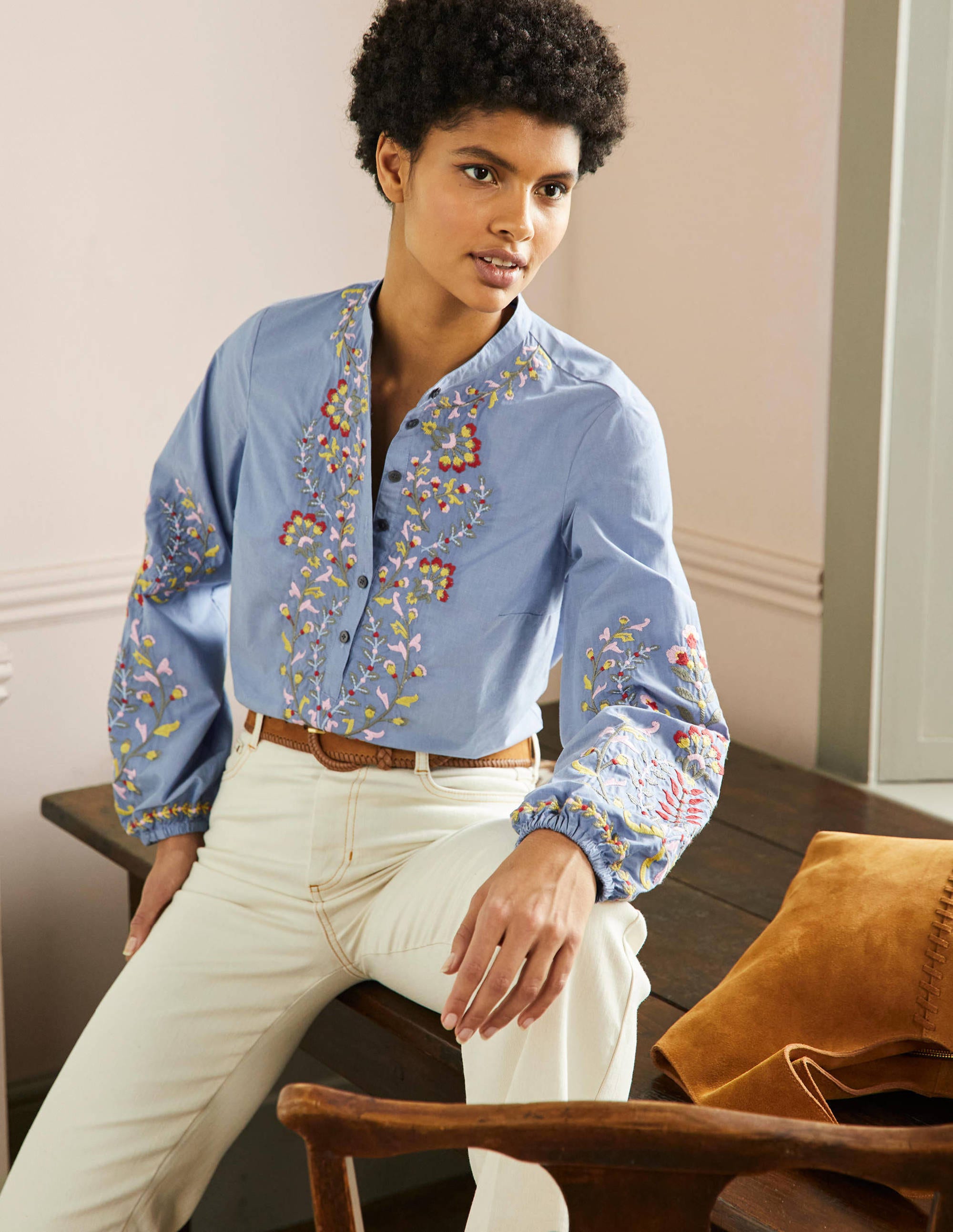 Embroidered Popover Blouse-Chambray - Image 1